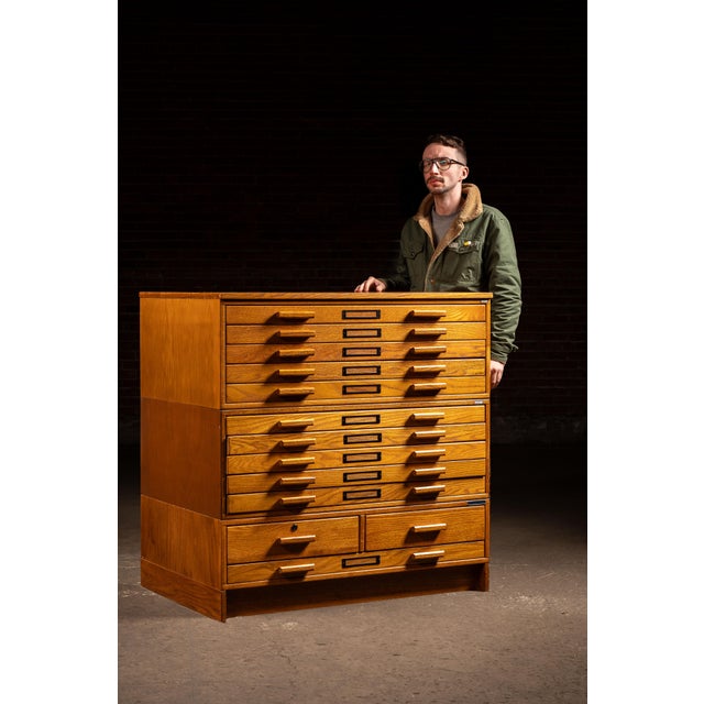 Industrial Pair of Mid-Century Mayline Oak Architectural Flat File Cabinets For Sale - Image 3 of 11