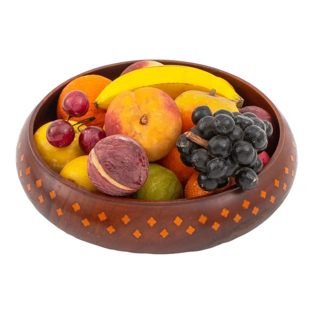 Vintage Italian Hand Painted Marble Stone Fruit in a Hand-Turned Bowl For Sale