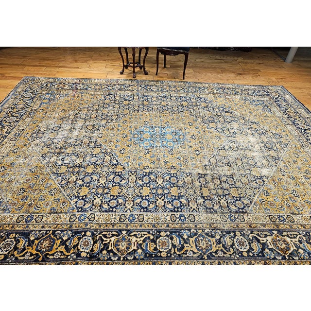 Vintage Persian Tabriz Rug, Hand-Knotted Wool, Herati Geometric Pattern, Navy & Camel, 10x13 For Sale - Image 11 of 13