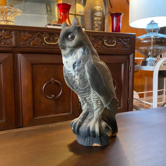 This folk art owl statue is a fantastic, character-rich piece crafted from lightweight paper-mache circa the mid 20th...