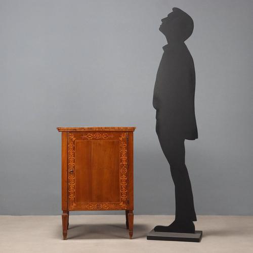 Walnut bedside table with maple inlays and trim, converted into a bar cabinet. The top folds down to allow the front door...