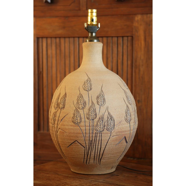 Mid-Century, ca 1970 Wishon-Harrell Earthenware Pottery Table Lamp. Hand thrown, hand carved, signed by the iconic...