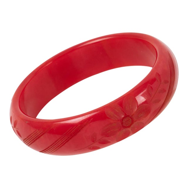 Bakelite Carved Bracelet Bangle Magenta Red Marble For Sale