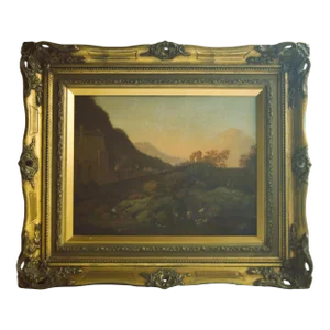 Antique Landscape Painting- Early 19th-Century - Italian Landscape With Pastoral Scenery.