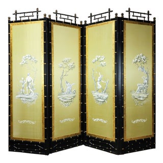 Vintage Neoclassical Four-Panel Folding Screen – Hand-Painted Silk With Faux Bamboo Frame For Sale