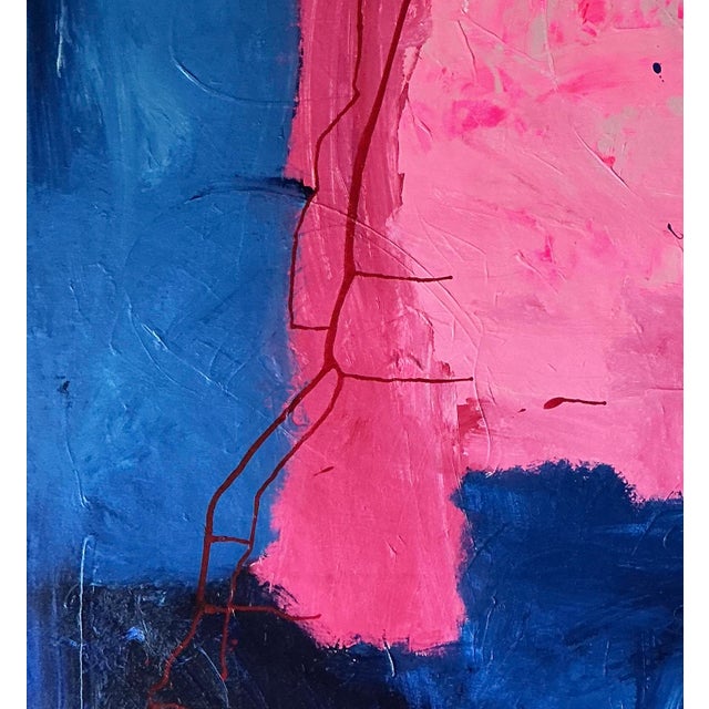 Pink & Blue Composition Original Abstract Colorfield Painting on 46.5” by 36” Un Stretched 20 Oz Canvas For Sale In Los Angeles - Image 6 of 7