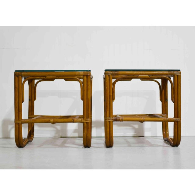 Vintage Palm Beach 2 Strand Rattan Bamboo Side Tables Style of Franco Albini - Set of 2 For Sale - Image 4 of 10