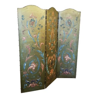 1940s Painted Floral Green Folding Screen For Sale
