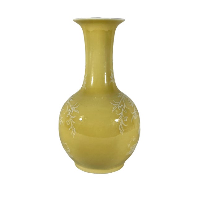 Vintage Lemon Yellow Monochrome Fine Porcelain Chinese Vase With Hand Painted White Pate Scenic Relief For Sale In Tampa - Image 6 of 10