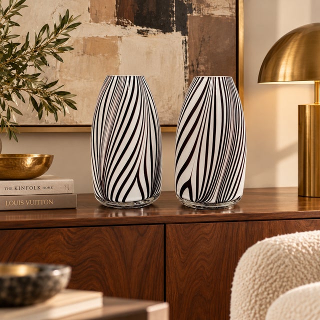 1980s Pair Hand-Blown Art Glass Vases White Oxblood Striped Murano Style MCM For Sale - Image 5 of 9