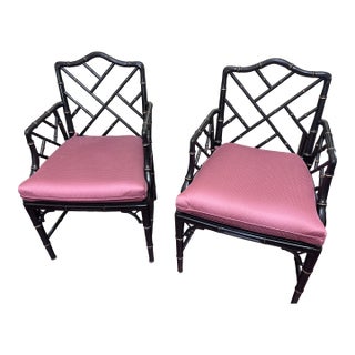 1980s Pair of Faux Bamboo Chippendale Armchairs With Pink Upholstered Seats For Sale