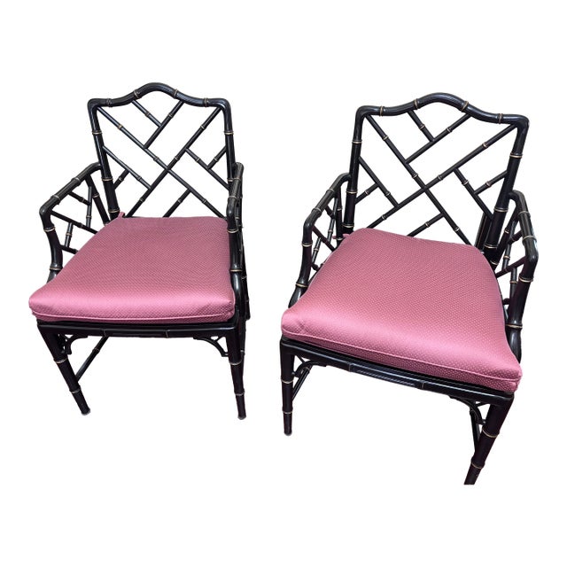 1980s Pair of Faux Bamboo Chippendale Armchairs With Pink Upholstered Seats For Sale