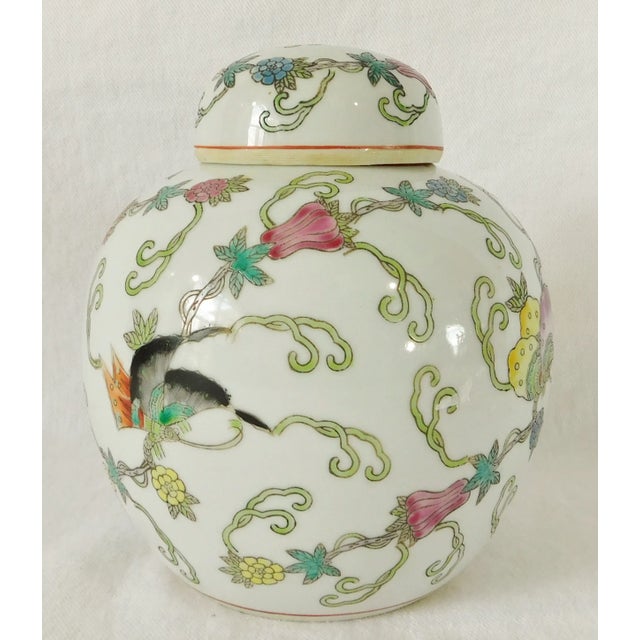 Ceramic Vintage Mid Century Chinese Hand Painted Porcelain Butterfly & Floral Ginger Jar For Sale - Image 7 of 10