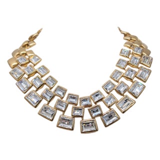 Vintage 1990 Signed Napier Goldtone Swarovski Crystals Wide Collar Necklace For Sale