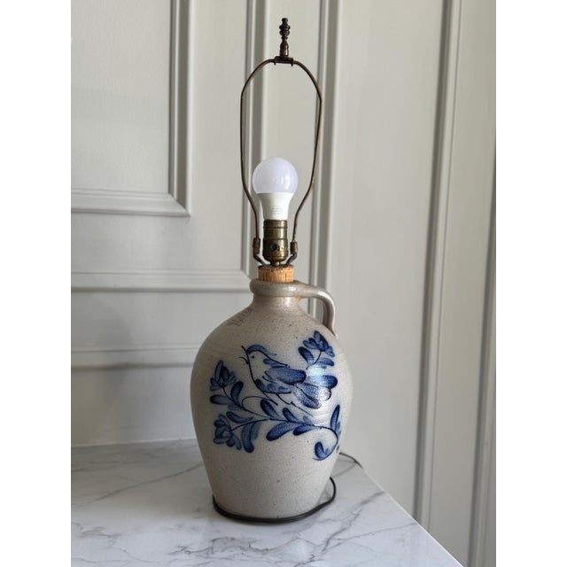 Vintage Rowe Pottery Works Salt Glazed Stoneware Cobalt Blue Bird Jug Table Lamp 25" For Sale - Image 11 of 18