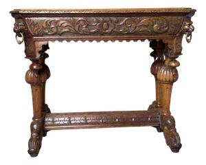 Carved Oak Dolphin and Lion Library Table