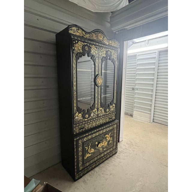 Vintage Korean 1960's Black Lacquer Chinoiserie Display Cabinet With Gilt Relief – 80” Tall Curio Vitrine For Sale - Image 9 of 10