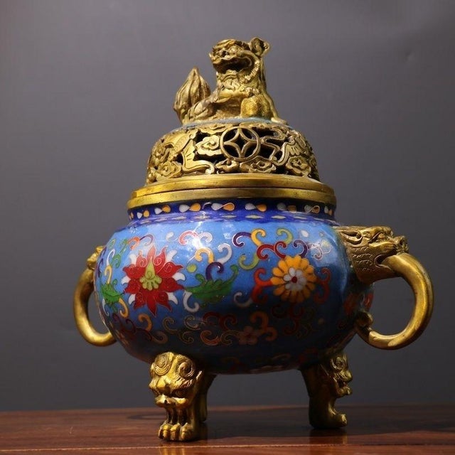 This is a striking and substantial decorative censer (incense burner), crafted using the traditional cloisonné enamel...