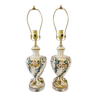 Pair of 1950s Italian Capodimonte Porcelain & Lucite Lamps For Sale