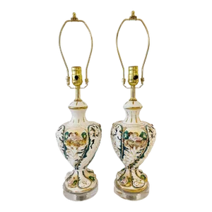 Pair of 1950s Italian Capodimonte Porcelain & Lucite Lamps