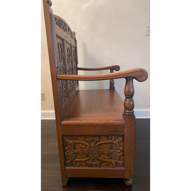 Gothic Antique Hand-Carved Wood Storage Bench For Sale - Image 3 of 16