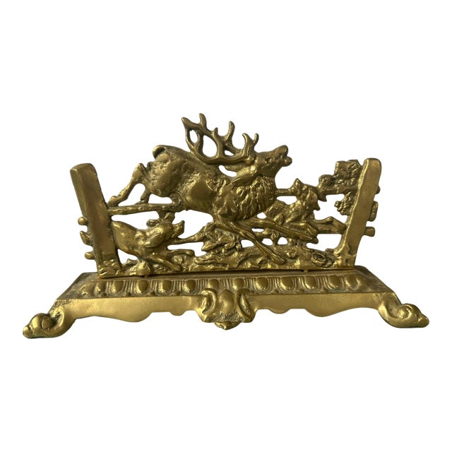 Antique Brass Letter Holder of Stag With Hunting Dogs For Sale