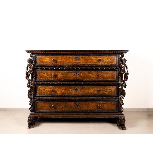 Bergamo Chest of 4 Drawers with Winged Caryatids, Early 17th Century For Sale - Image 9 of 9