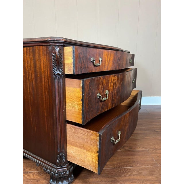 Antique Georgian Revival Chest of Drawers Flame Mahogany Serpentine Carved C1940 For Sale - Image 16 of 18