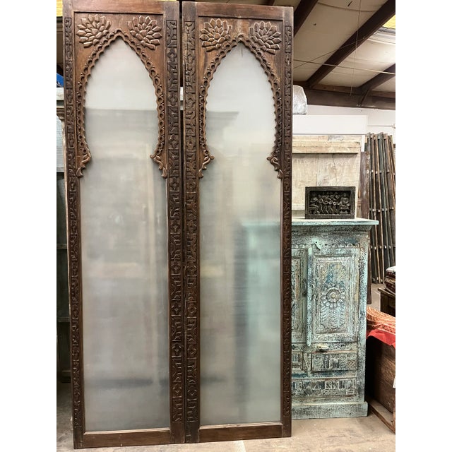 Vintage Arched Carved Wood Doors With Smoked Glass - A Pair, 96x48 For Sale - Image 10 of 10