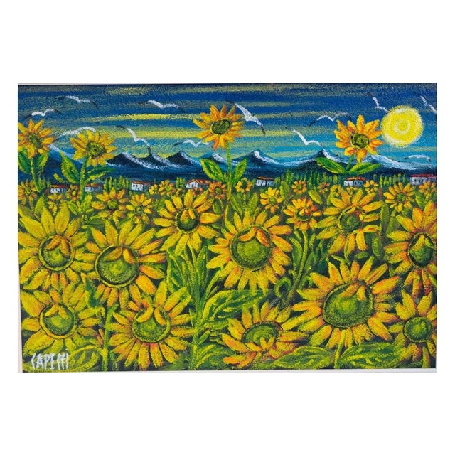 Fresco "Field with sunflowers" by Renzo Capacci. Authentic work created in 2005, including certificate of guarantee....