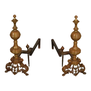 Antique Victorian Style Brass Andirons - A Pair