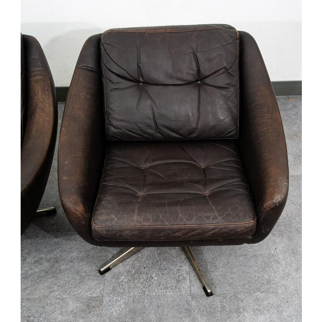 Mid Century Danish Modern Lounge Chairs Swivel Brown Leather Armchair Vintage For Sale - Image 9 of 12