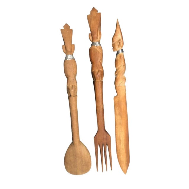 Wood Mid Century Tribal Hand Carved Wooden Serving Utensils- Set of 3 For Sale - Image 7 of 12