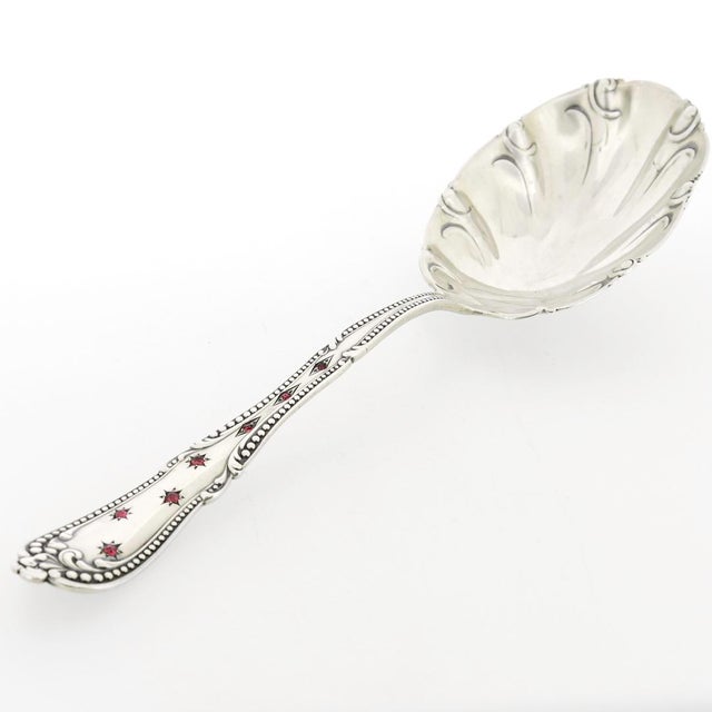 Mid 20th Century Antique Signed Red Gem-Set American Sterling Silver Serving Spoon For Sale - Image 5 of 12