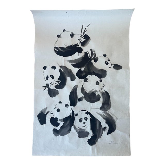 Vintage Ink Wash Painting of Pandas by j.p. Gaston, Sumi-E Style on Rice Paper, Signed. For Sale