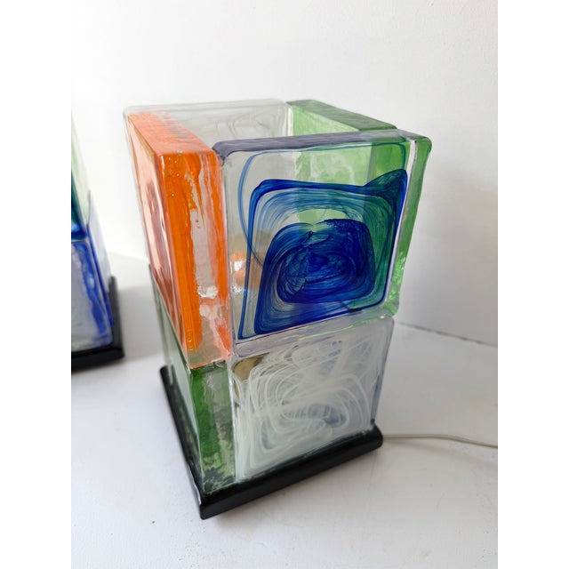 Mid-Century Modern Contemporary Pair of Lamps Cubic Pennellate Murano Glass. Italy For Sale - Image 3 of 12