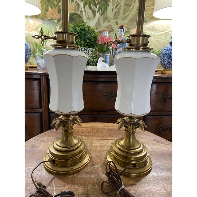 Gold Vintage Stiffel Creamy White Ceramic and Brass Plume Buffet or Table Lamps, a Pair For Sale - Image 8 of 12