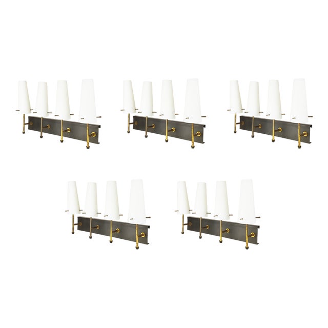 Black Metal, Brass & Opaline Glass 4-Light Wall Lamps, 1950s, Set of 5 For Sale