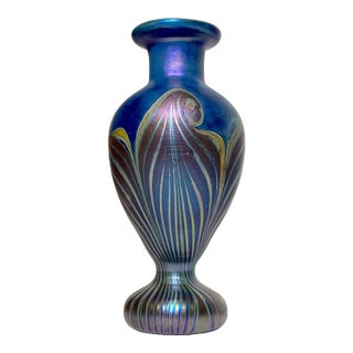 Vintage Miniature Hand Blown Pulled Feather Blue Iridescent Studio Glass Vase For Sale