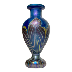 Vintage Miniature Hand Blown Pulled Feather Blue Iridescent Studio Glass Vase