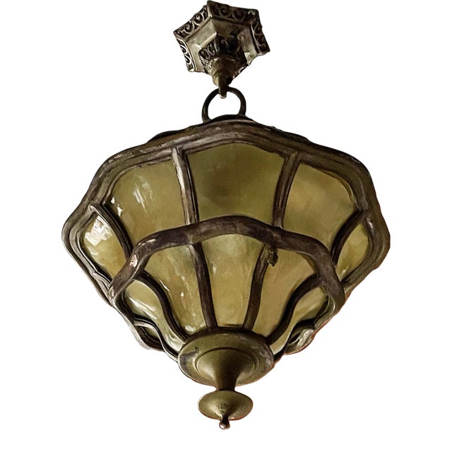Ceiling Light Antique With Curved Art Glass For Sale