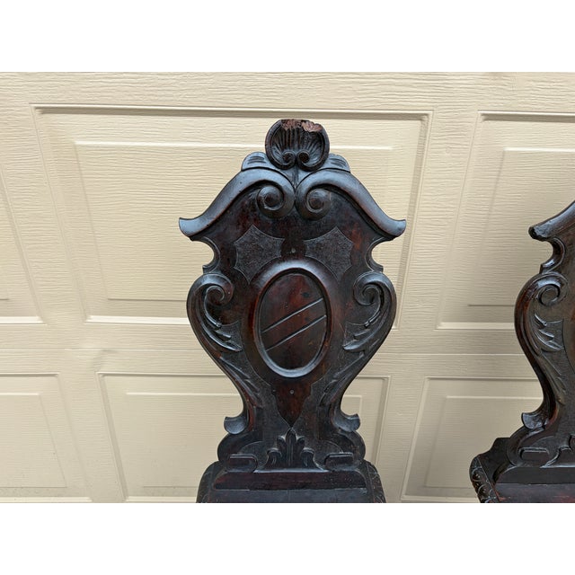 Mid 19th Century Antique 19th Century Italian Renaissance Hand Carved Walnut Hall Chairs, Pair For Sale - Image 5 of 10