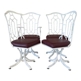 Set of Four Vintage Faux Bamboo Swivel Dining Chairs in Glossy White For Sale