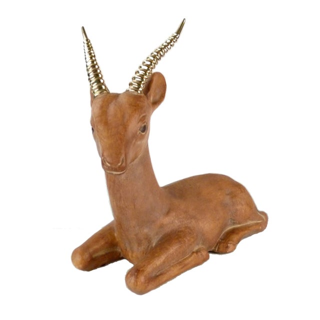 Mid 20th Century Ceramic Deer With Brass Horns For Sale - Image 5 of 10