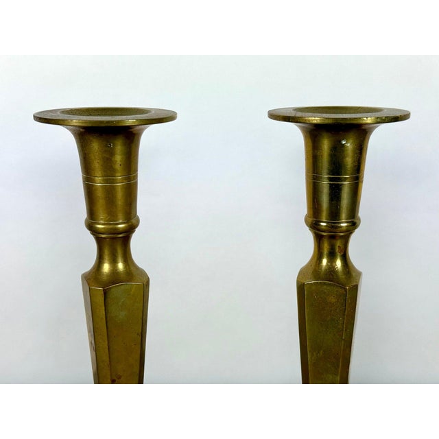 Mid-Century Modern Tall Faceted Brass Candlesticks - A Pair For Sale In Portland, ME - Image 6 of 12