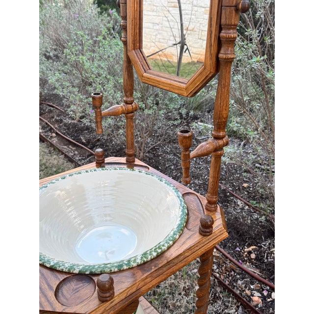 Vintage Victorian Style Oak Barley Twist Washstand With Mirror - Cow Creek Pottery Pitcher and Bowl Included For Sale In Austin - Image 6 of 9
