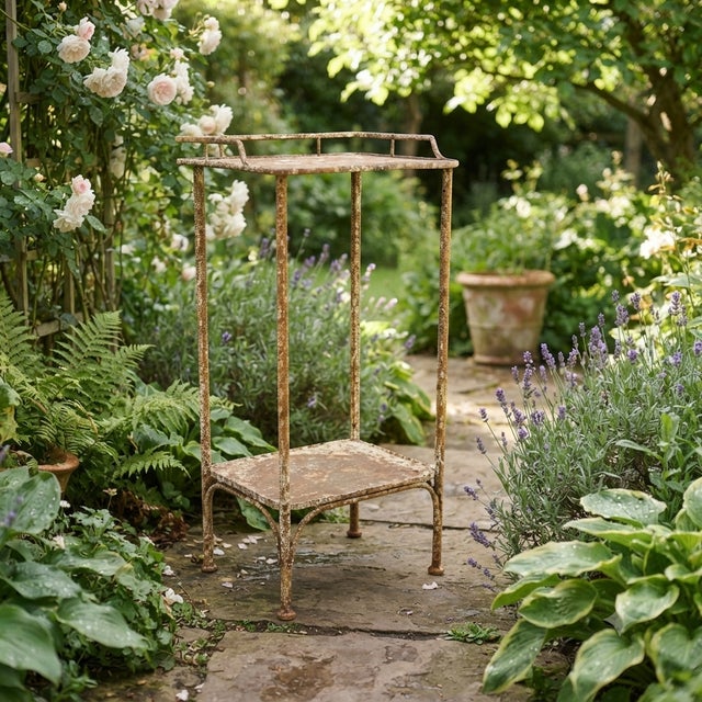 An antique wrought iron plant stand and shelf dating from the 1900s–1920s. Preserved in its original, authentic condition....