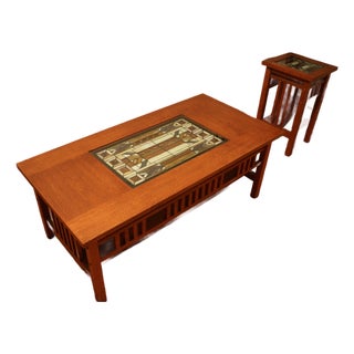 Early 21st Century Frank Lloyd Wright Inspired Solid Wood Coffee Table With Stained Glass Inset For Sale