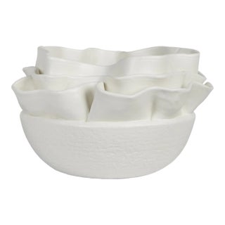 Decorative Bowl In Matte White Finish & Ringed Ribbon Decor For Sale
