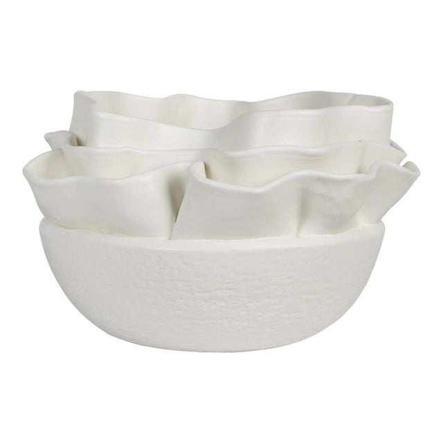 Decorative Bowl In Matte White Finish & Ringed Ribbon Decor For Sale